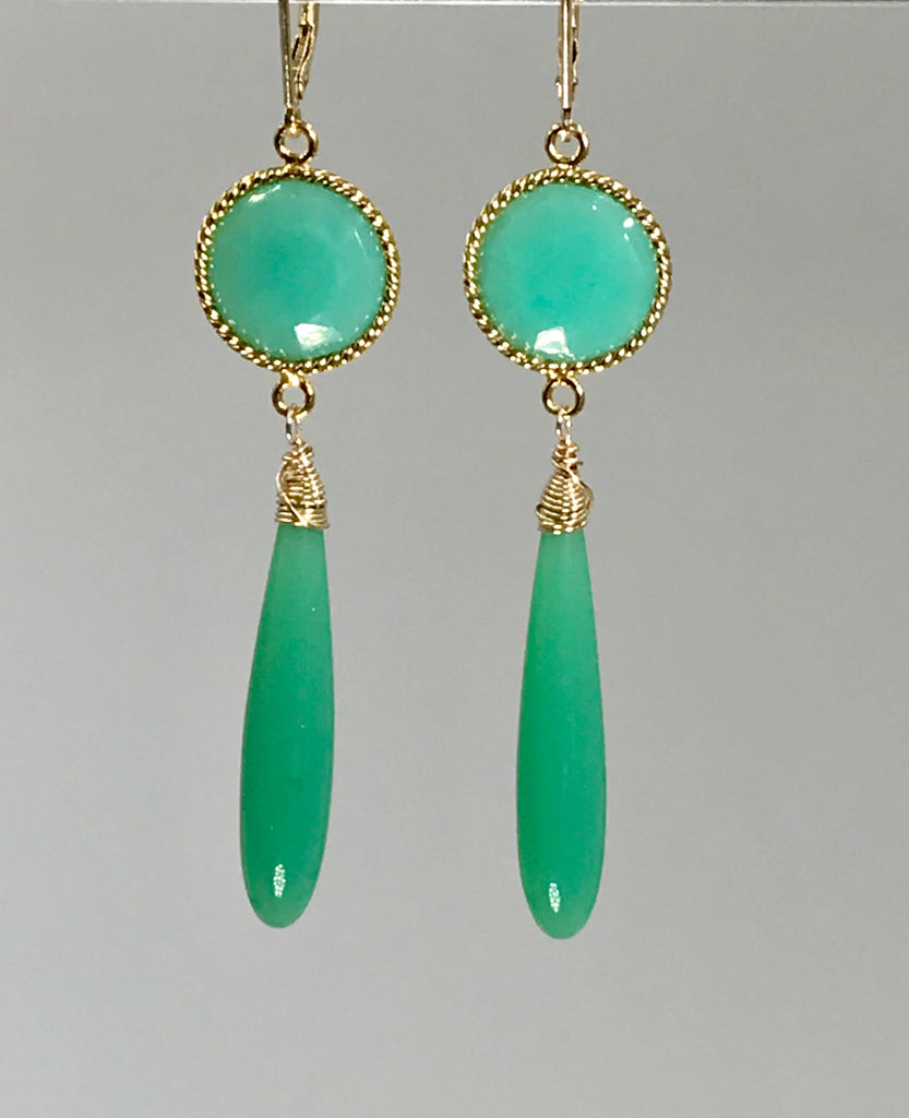 Long Green Drop Earrings Chrysoprase Chalcedony Connectors - doolittlejewelry