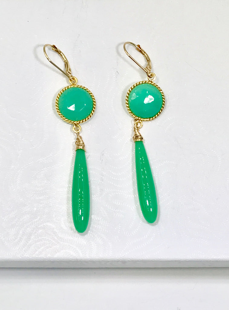 Long Green Drop Earrings Chrysoprase Chalcedony Connectors - doolittlejewelry