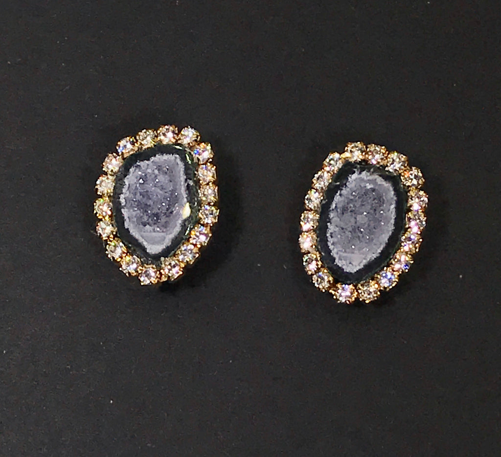 Tabasco Geode Stud Earrings Black & Lavender Grey Druzy Crystals - doolittlejewelry