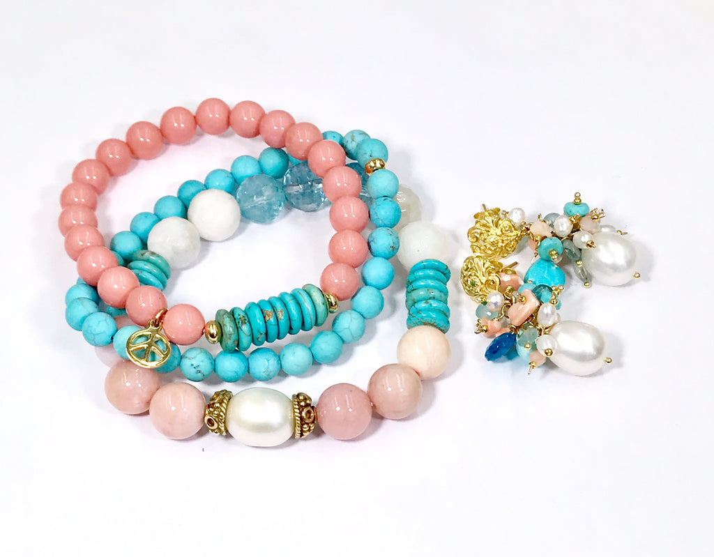 Turquoise Coral Stack Bracelet Set of 3 Boho Style - doolittlejewelry