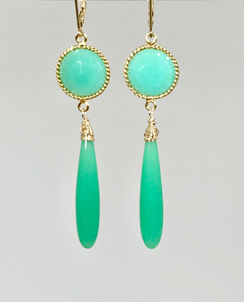 Long Green Drop Earrings Chrysoprase Chalcedony Connectors - doolittlejewelry