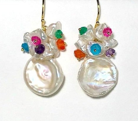 Keishi Pearl and Multicolor Gemstone Cluster Earrings - doolittlejewelry