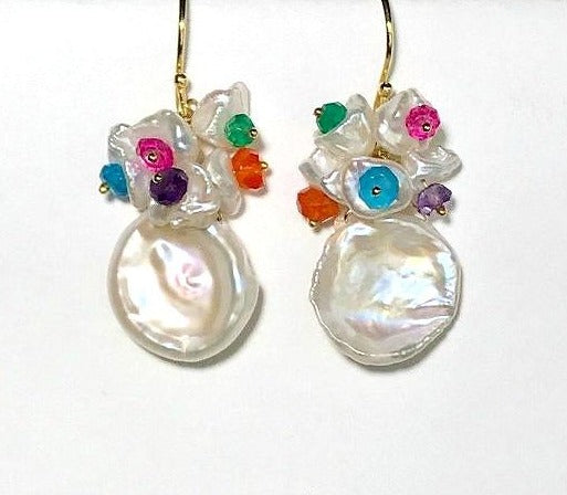 Keishi Pearl and Multicolor Gemstone Cluster Earrings - doolittlejewelry
