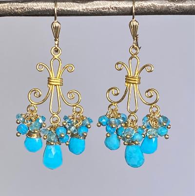 Turquoise Gemstone Chandelier Gold Earrings