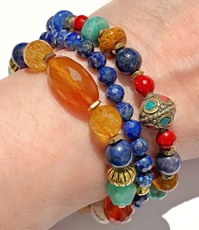 Stacking Bracelet Set of 3 Blue Lapis Chrysoprase Carnelian