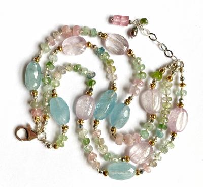 Tourmaline Kunzite Aquamarine Multi-strand Silk Knot Bracelet