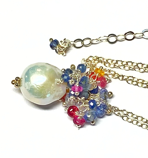 multi-color sapphire cluster cascade Pearl pendant