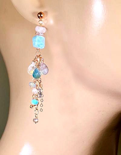 Larimar Labradorite Moonstone Rose Gold Boho Dangle Earrings - doolittlejewelry