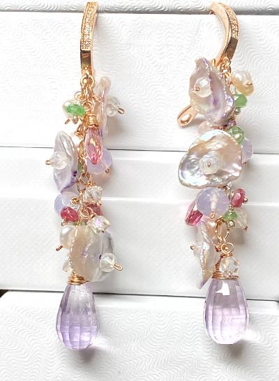 Lavender Amethyst Keishi Pearl Rose Gold Long Dangle Earrings