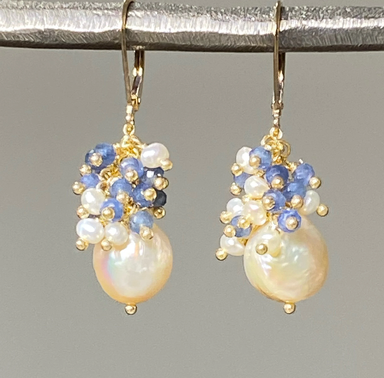Baroque Edison Pearl and Blue Sapphire Cluster Earrings Gold Fill