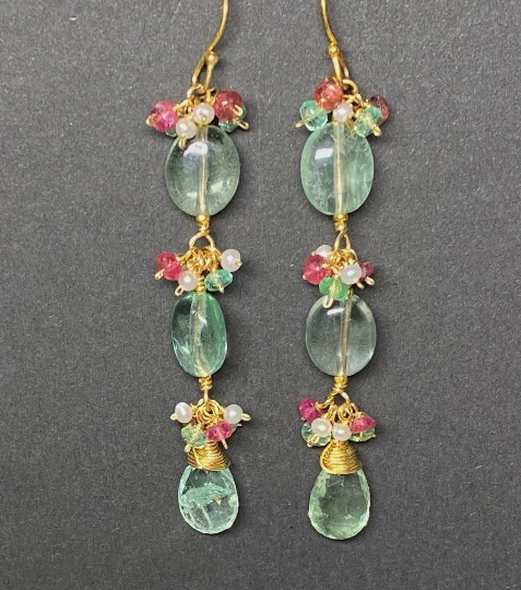 Long Green Flurorite Earrings, Gemstone Cluster