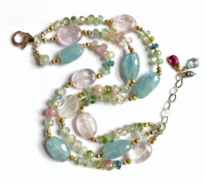 Tourmaline Kunzite Aquamarine Multi-strand Silk Knot Bracelet