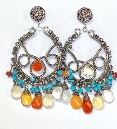 Luxury Gemstone Chandelier Mexican Fire Opal Turquoise Chandelier Hoop Earrings