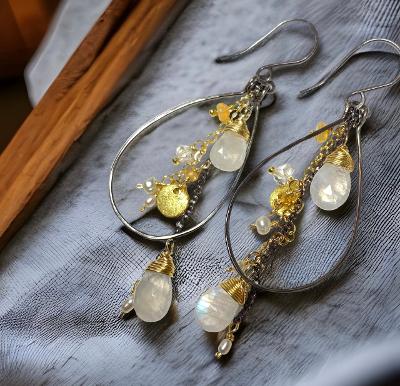 moonstone opal mixed metal hoop dangle earrings