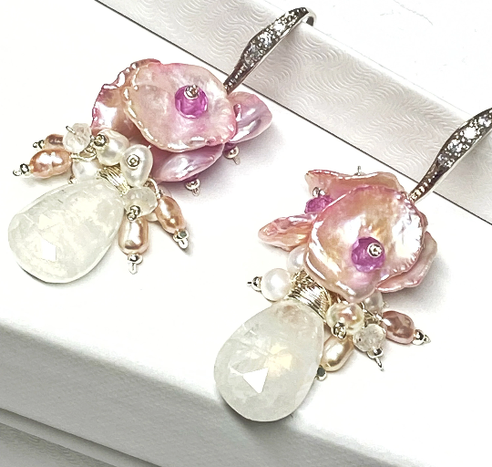 Moonstone, Pink Keishi Pearl, Pink Sapphire Cluster Earrings