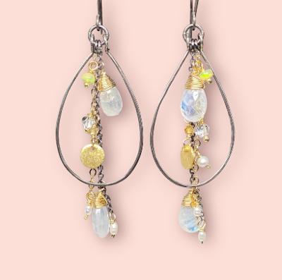 Rainbow Moonstone, Opal, Pearl Mixed Metal Hoops, Black and Gold