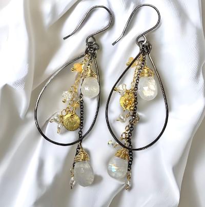oxidized sterling silver and gold filled hoop dangle earrings with rainbow moonstone, herkimer diamond, opals, pearls, urban chic style