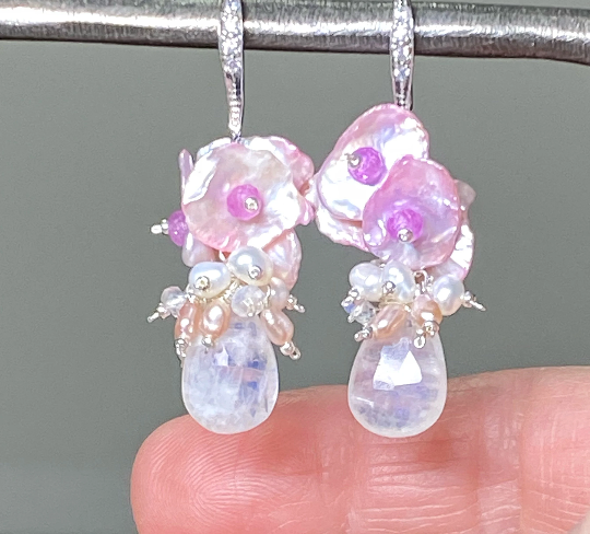 Moonstone, Pink Keishi Pearl, Pink Sapphire Cluster Earrings