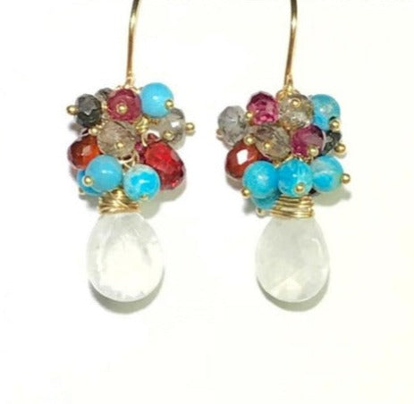 Moonstone with Turquoise and Garnet Cluster Gold Filled Earrings - doolittlejewelry