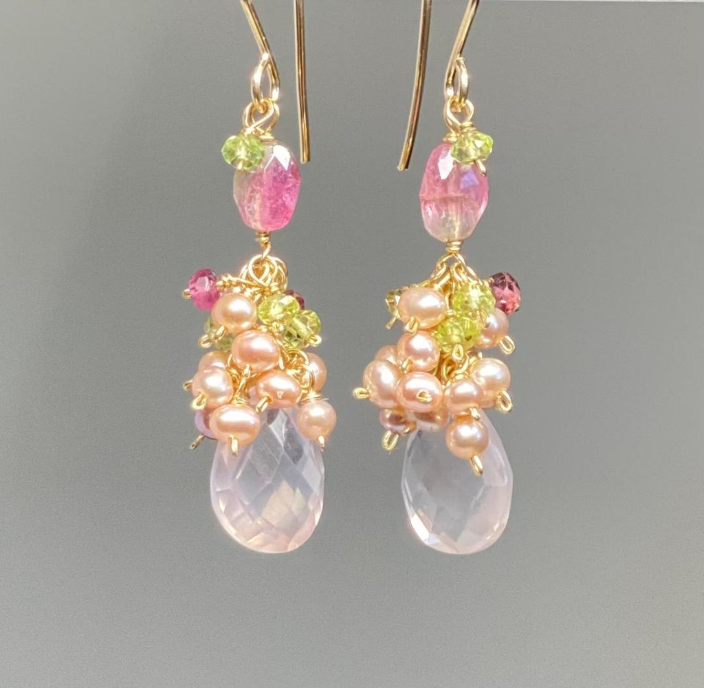 Pink Earrings, Rose Quartz, Pink Pearl Cluster, Watermelon Tourmaline