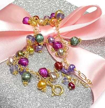Multicolor Freshwater Pearl Dangle Bracelet Gold