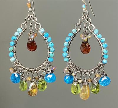 Multi-color Gemstone Oxidized Silver Boho Hoop Earrings Turquoise Peridot Mystic Hessonite