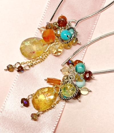 Mystic Citrine Earth Tone Gem Cluster Long Earrings Sterling Silver