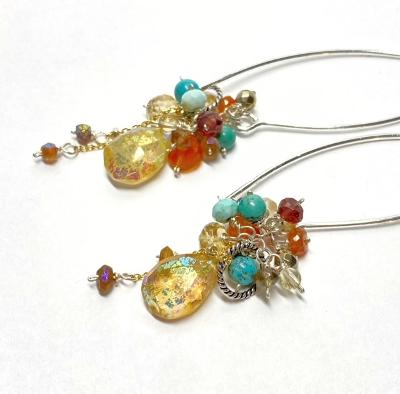 Mystic Citrine Earth Tone Gem Cluster Long Earrings Sterling Silver