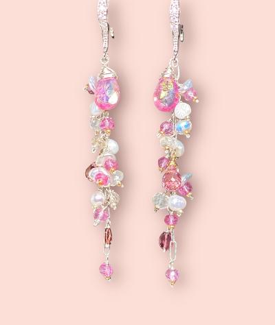 mystic pink topaz long dangle earrings with pearls