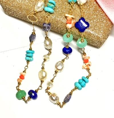 Multi Gemstone Pearl Long Gold Necklace Coral Lapis Chrysoprase