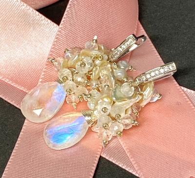 Rainbow Moonstone Keishi Pearl Cluster Earrings Sterling Silver