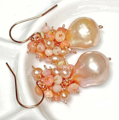 Blush Pink Baroque Pearl Opal Cluster Rose Gold Earrings