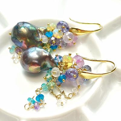 Black Baroque Pearl Cluster Earrings Gold with cascades of colorful gemstones