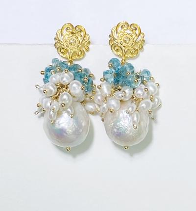 Blue Zircon Pearl Cluster Earrings Gold Post