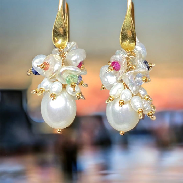 Pearl Cluster Earrings with Multicolor Sapphire Gemstone Keishi Pearls Gold Fill