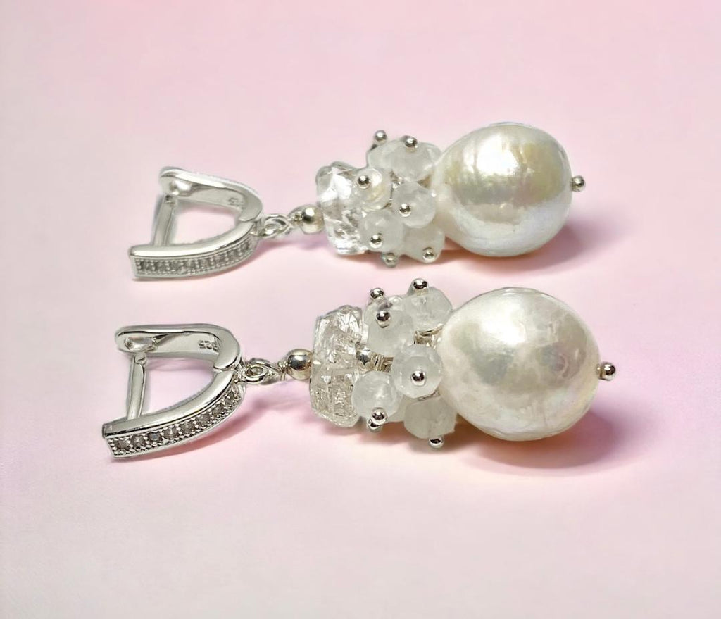 Herkimer Diamond, Edison Pearl, Moonstone Cluster Wedding Earrings