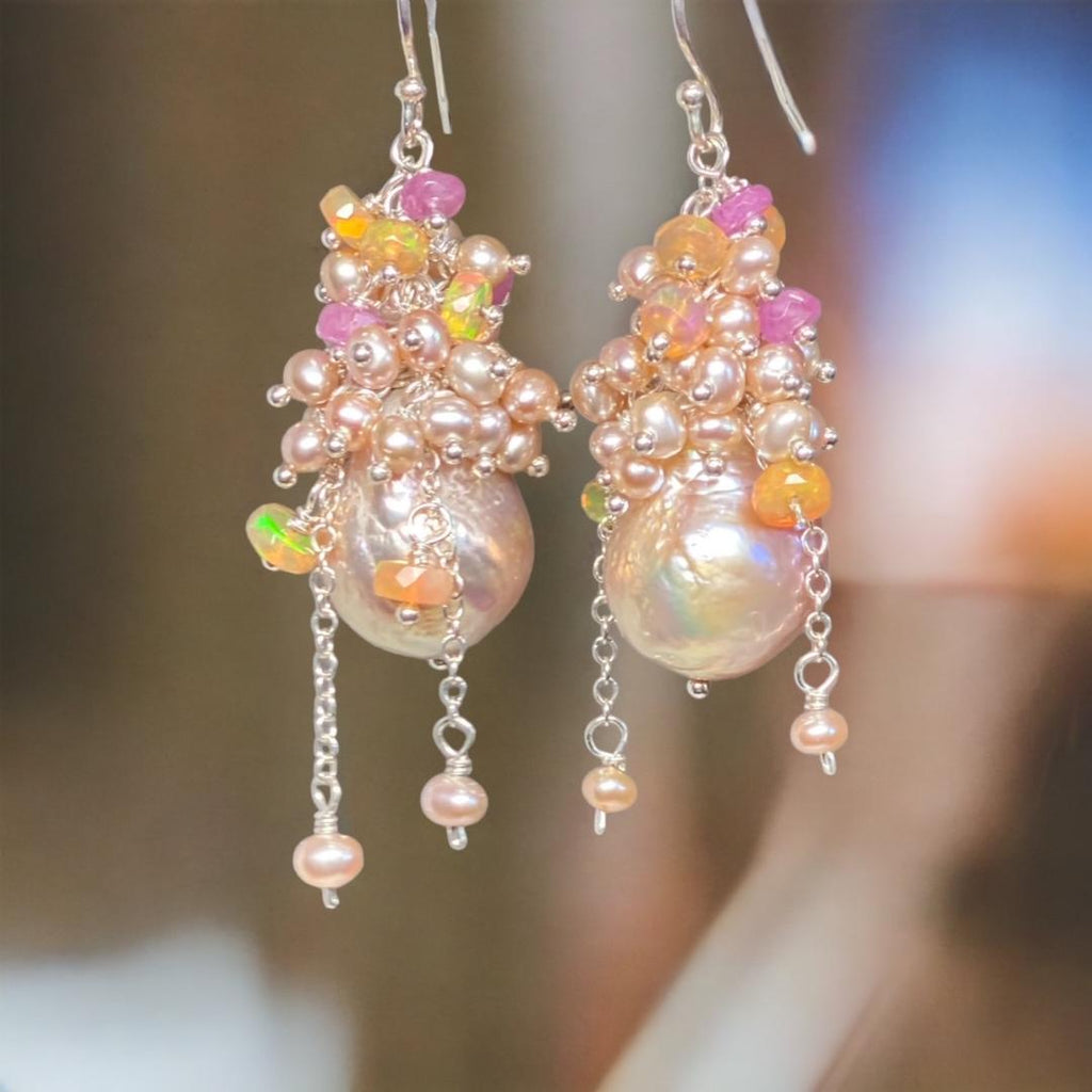 Pink Blush Baroque Pearls Opal, Sapphire Pearl Cluster Earrings