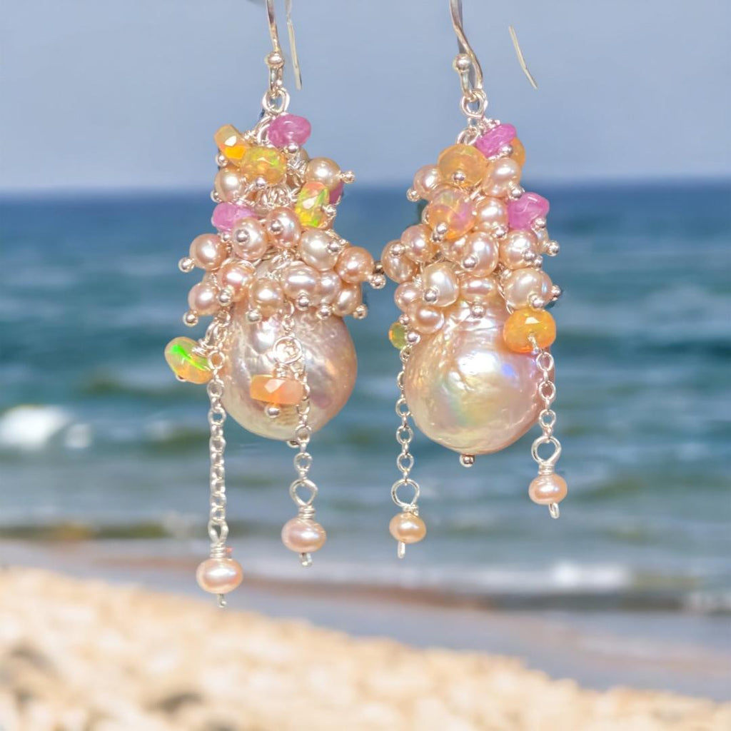 Pink Blush Baroque Pearls Opal, Sapphire Pearl Cluster Earrings