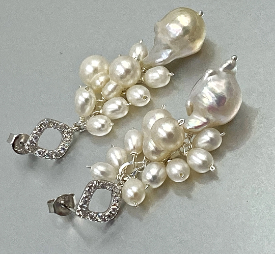 Pearl Dangle Wedding Earrings, Pave Silver Post