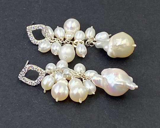 Pearl Dangle Wedding Earrings, Pave Silver Post