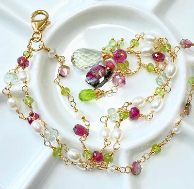 triple strand wire wrapped bracelet 14 kt gold fill with peridot, watermelon tourmaline slices, pearls, pink tourmaline