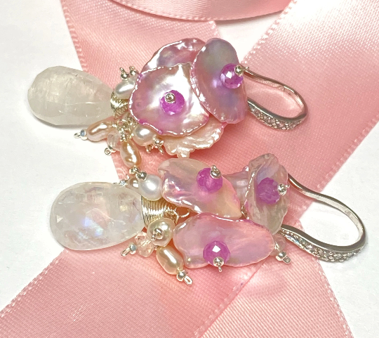 Moonstone, Pink Keishi Pearl, Pink Sapphire Cluster Earrings