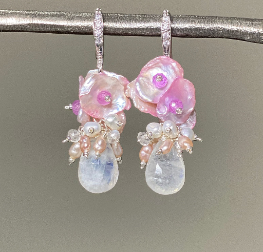 Moonstone, Pink Keishi Pearl, Pink Sapphire Cluster Earrings