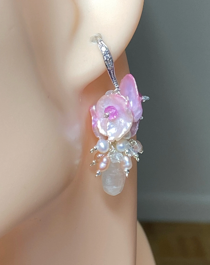 Moonstone, Pink Keishi Pearl, Pink Sapphire Cluster Earrings