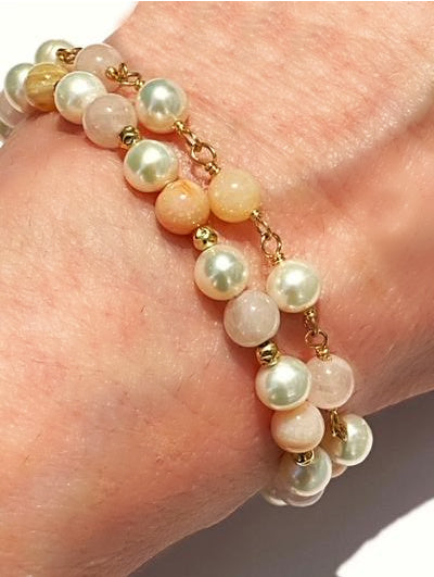 Pearl, Pink Opal, Rose Quartz Double Strand Bracelet Gold Fill