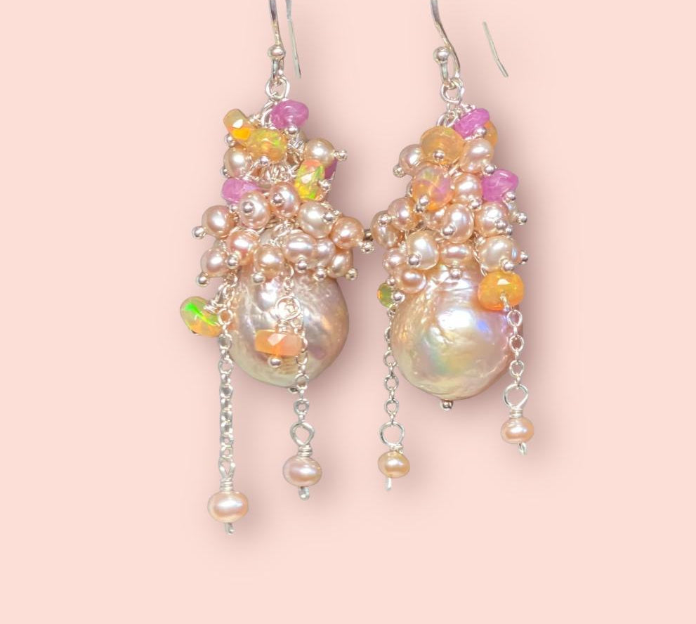 Pink Blush Baroque Pearls Opal, Sapphire Pearl Cluster Earrings