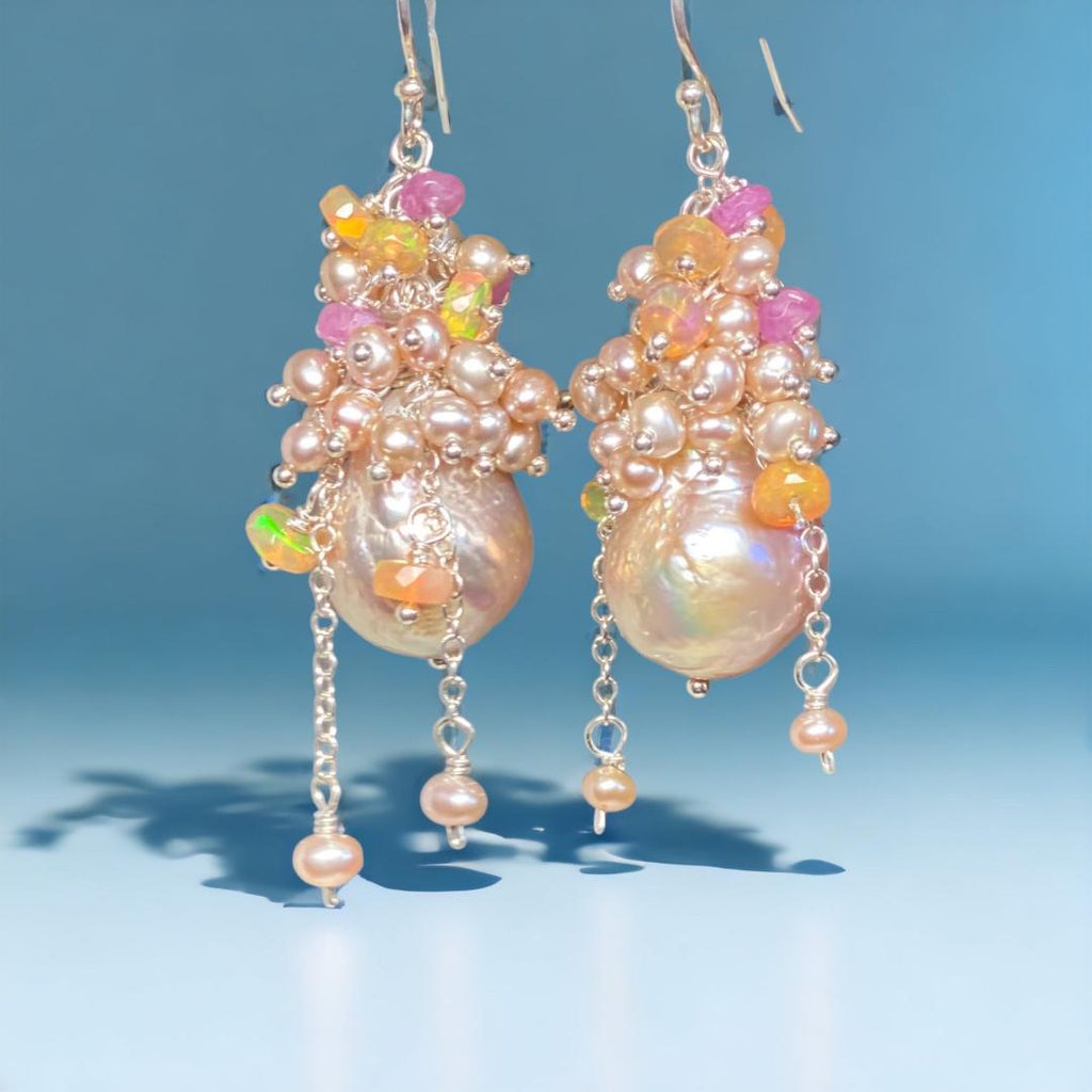 Pink Blush Baroque Pearls Opal, Sapphire Pearl Cluster Earrings