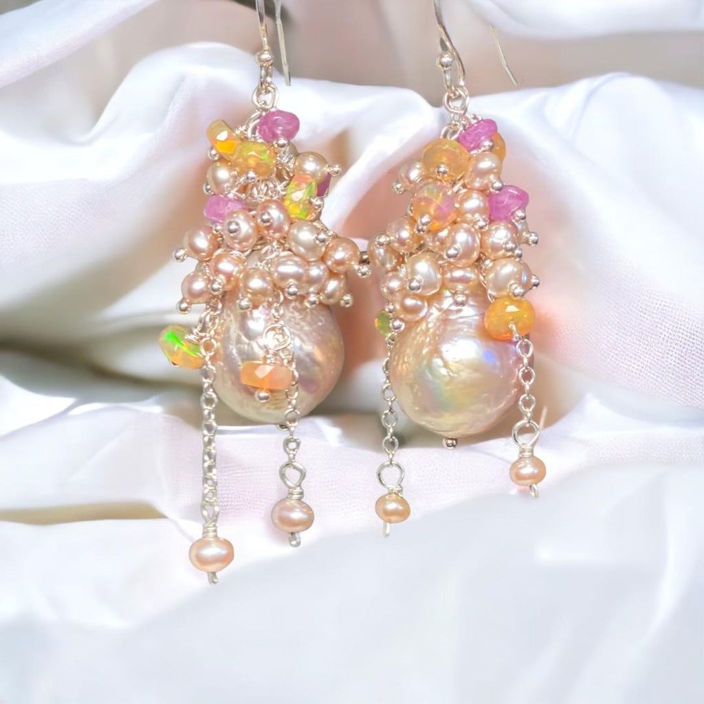 Pink Blush Baroque Pearls Opal, Sapphire Pearl Cluster Earrings