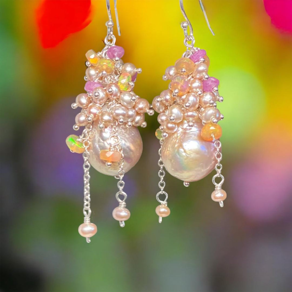 Pink Blush Baroque Pearls Opal, Sapphire Pearl Cluster Earrings