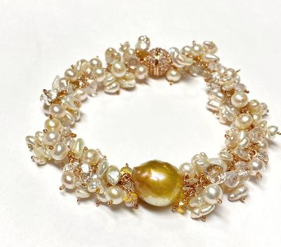 Baroque Pearl Rose Gold Cluster Bracelet Keishi Pearl Moonstone Crystal Quartz